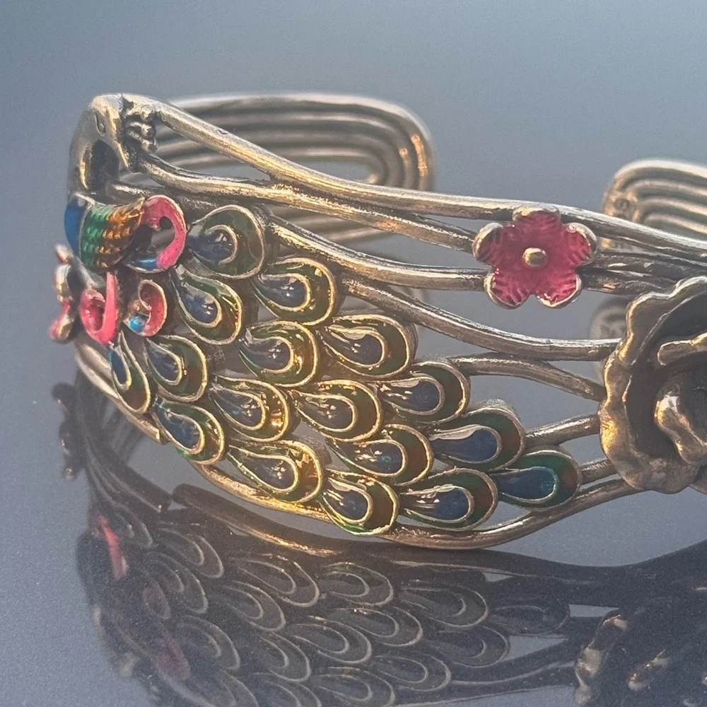 Sterling Silver Peacock Bangle Bracelet Cuff